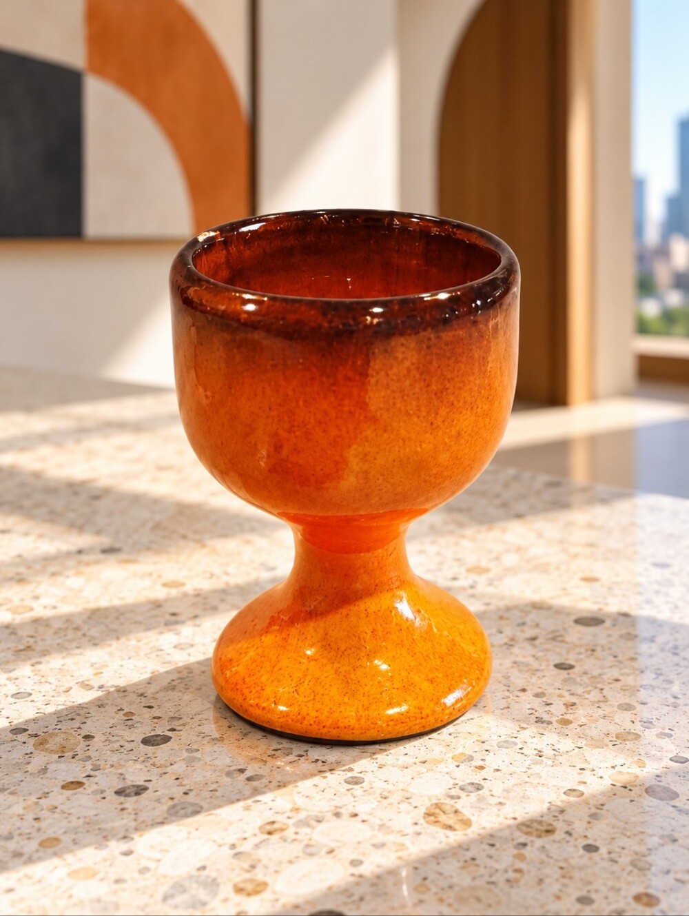 Vintage Quebec Studio Pottery Goblet Signed Farmer Que Orange Glaze MCM